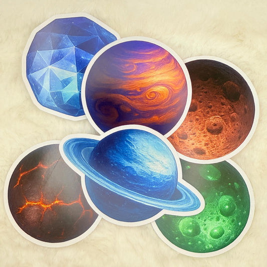 Fantasy Sci-Fi Planet Sticker Pack | Crater, Lava, Gas Giant, Crystal & Moon Aesthetic Space Stickers for Journals, Gifts and Scrapbooks