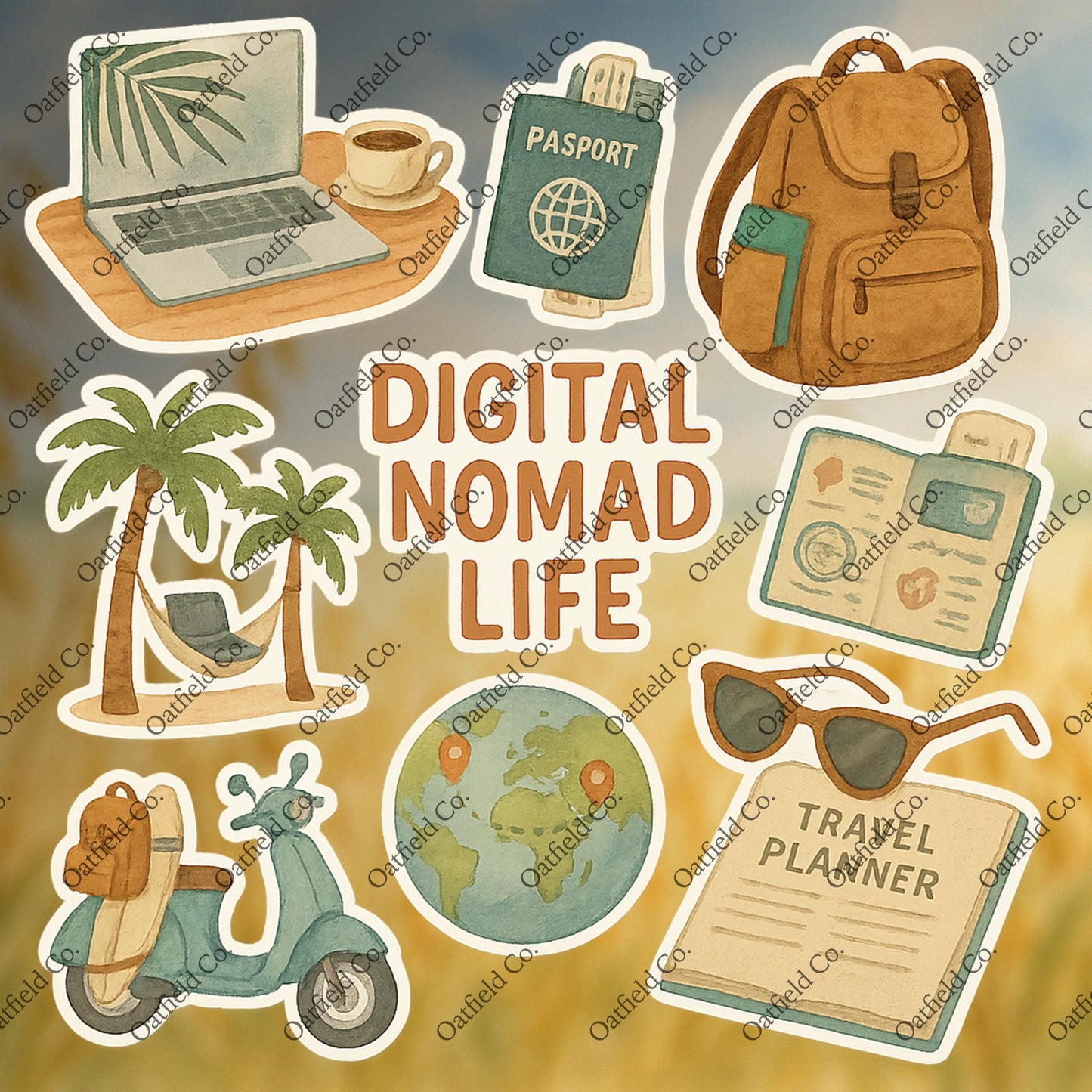 Digital Nomad Sticker Pack: Watercolor Travel Theme