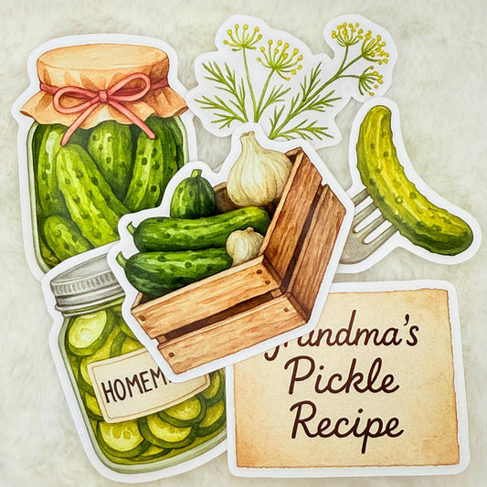 Watercolor Pickle Jar Sticker Pack: Kitchen - Glossy Stickers