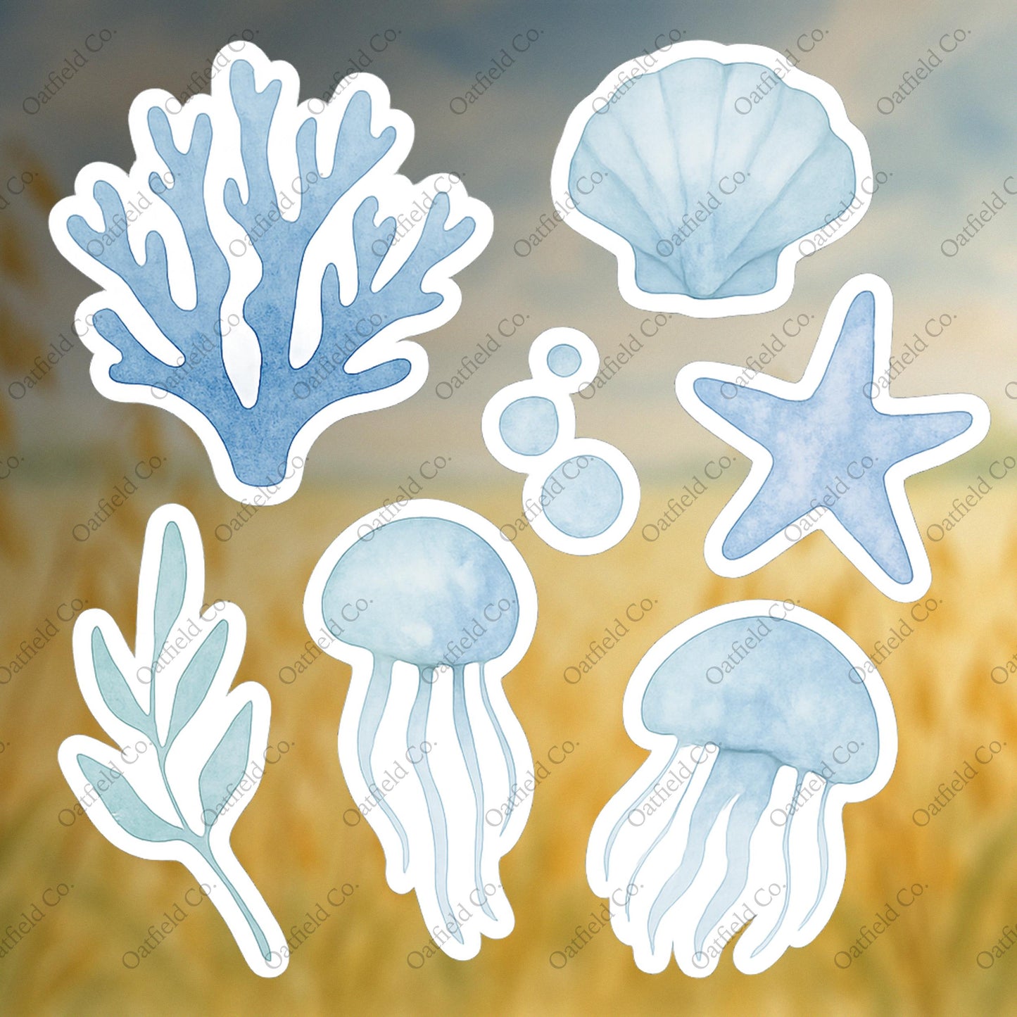 Watercolor Ocean Sticker Pack: Glossy Jellyfish, Coral, Seashells