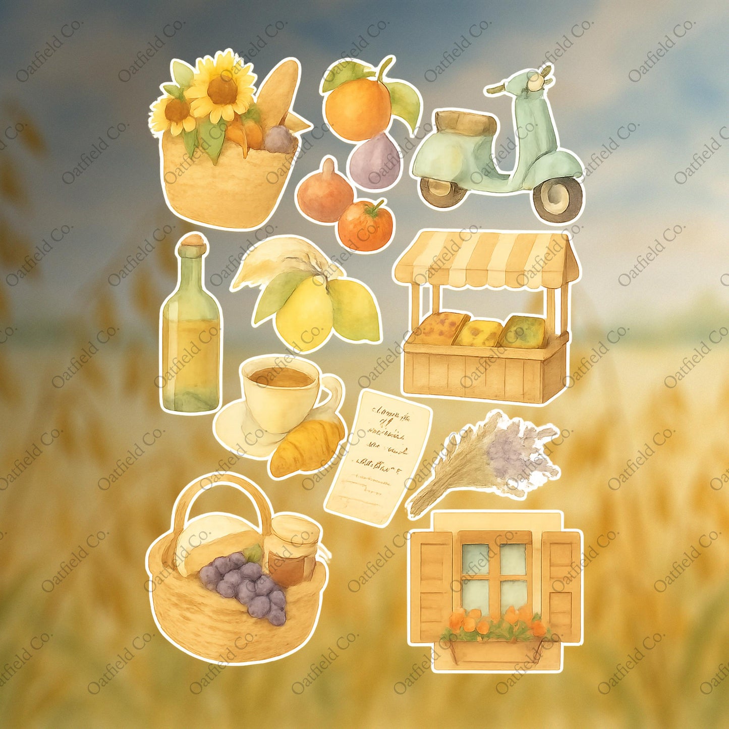 Watercolor European Market Stickers: Glossy Travel Journal Set