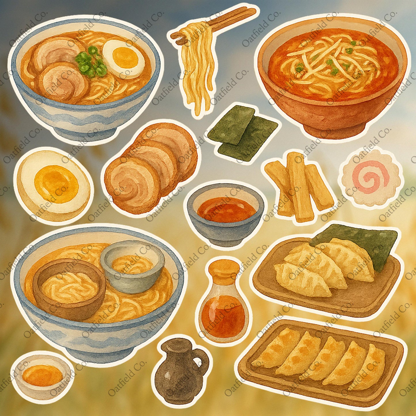 Ramen & Gyoza Glossy Food Sticker Pack – Japanese Noodles, Dumplings, Soy Sauce, Egg, and Narutomaki