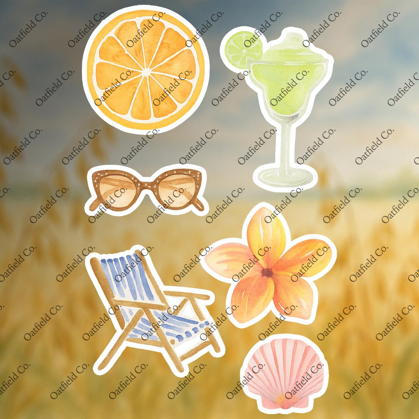 Summer Vacation Watercolor Sticker Pack – Tropical Drink, Sunglasses, Flower, Beach Chair, Shell & Citrus Slice