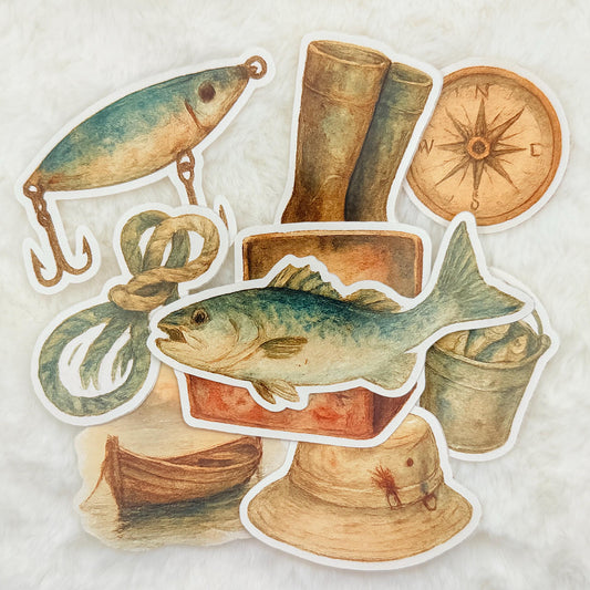 Fisherman Core Sticker Pack: Rustic Fishing Gear, Watercolor Style