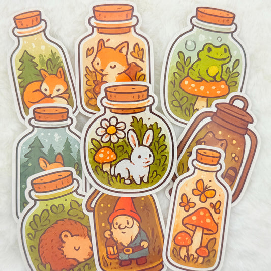 Woodland Jar Sticker Pack: Cottagecore Forest Animals, Glossy Vinyl Decals