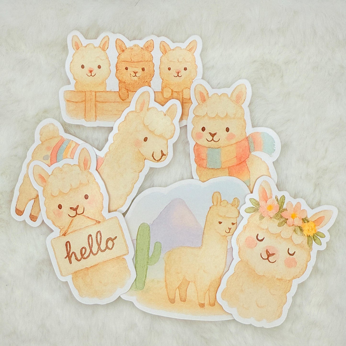 Pastel Alpaca Sticker Pack: Kawaii Llama, Cactus, Waterproof - Glossy Stickers