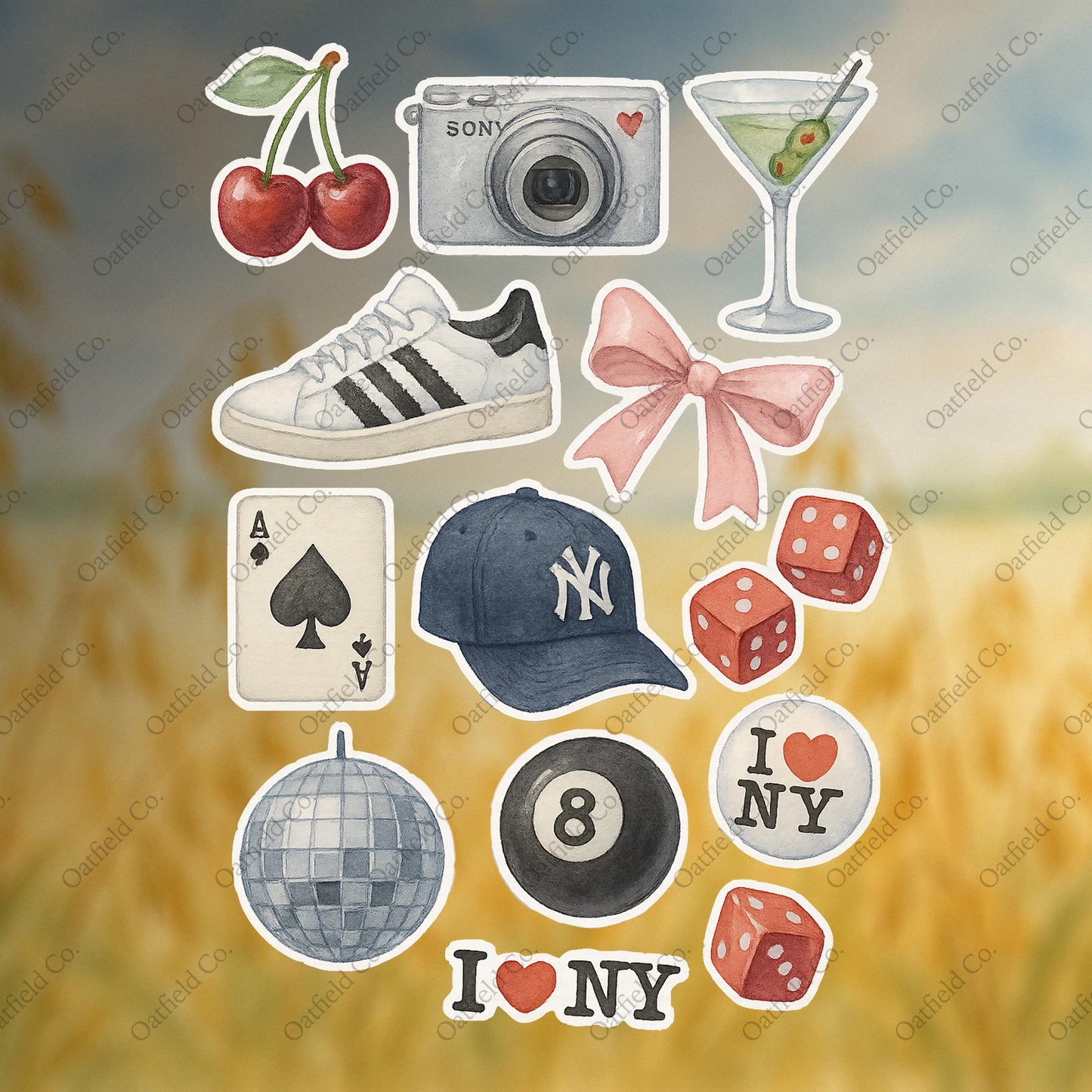New York Aesthetic Sticker Pack – Glossy City Vibes, Sneakers, Dice & Martini Stickers