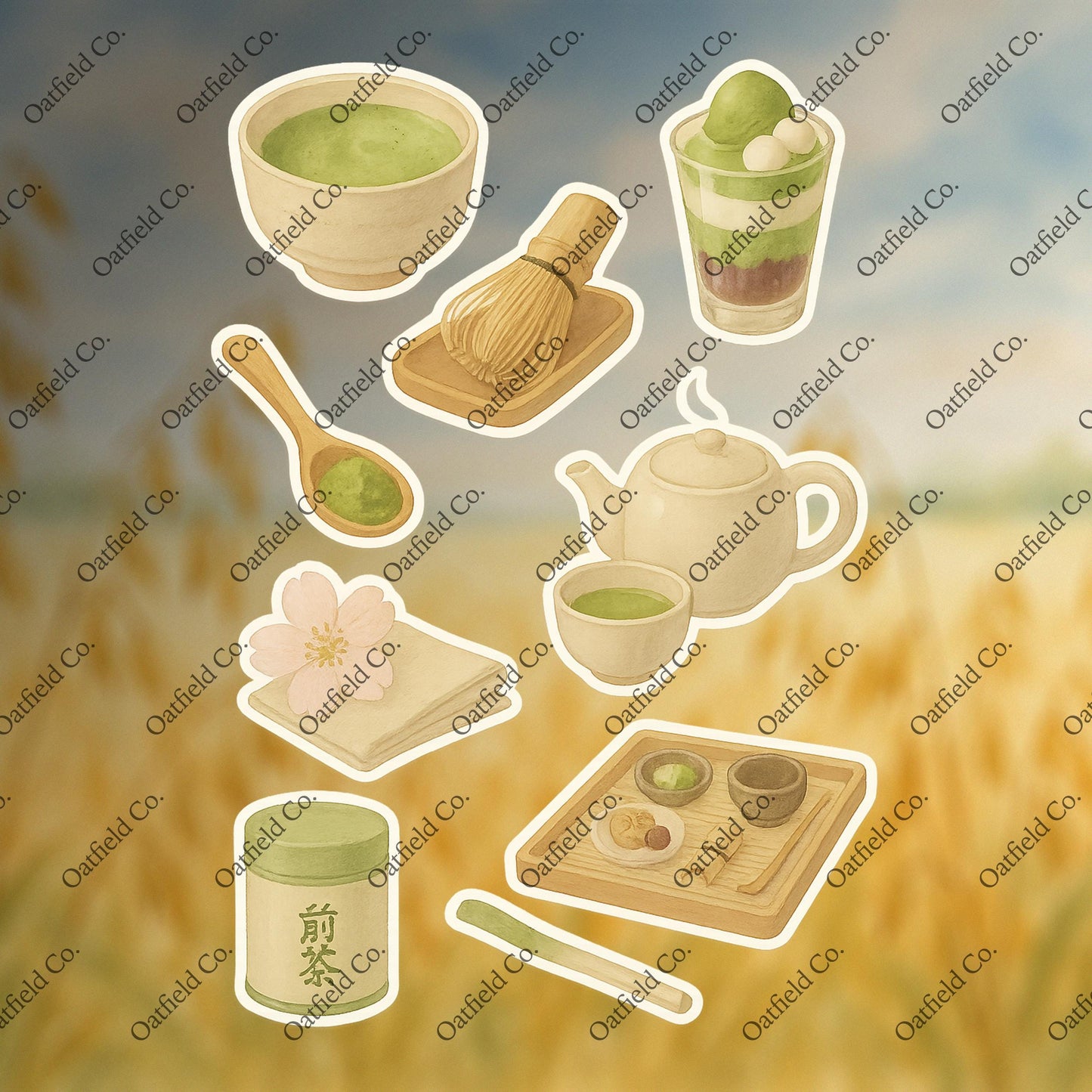 Matcha Aesthetic Sticker Pack – Japanese Tea Ceremony, Whisk, Green Tea, Dessert, and Sakura Illustration Stickers