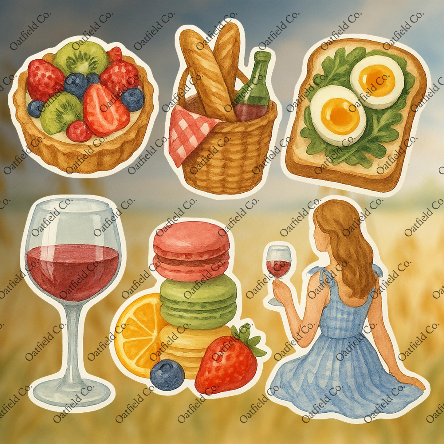 Parisian Picnic Sticker Pack – Watercolor Food & Wine Picnic Aesthetic Stickers