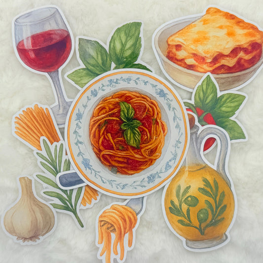 Watercolor Italian Food Sticker Pack: Pasta, Wine, & Garlic