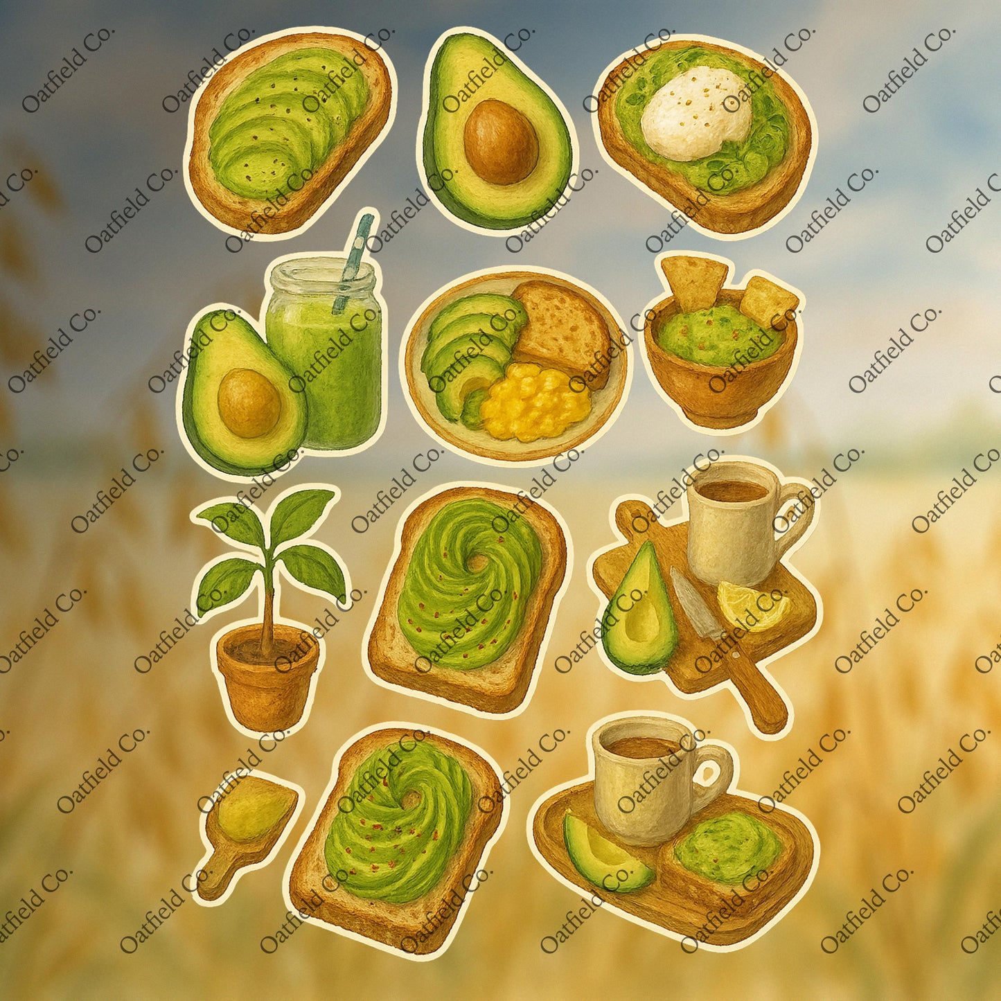 Avocado Sticker Pack – Cute Avocado Toast Food Stickers, Green Aesthetic Breakfast Stickers for Journals, Planners, Laptops