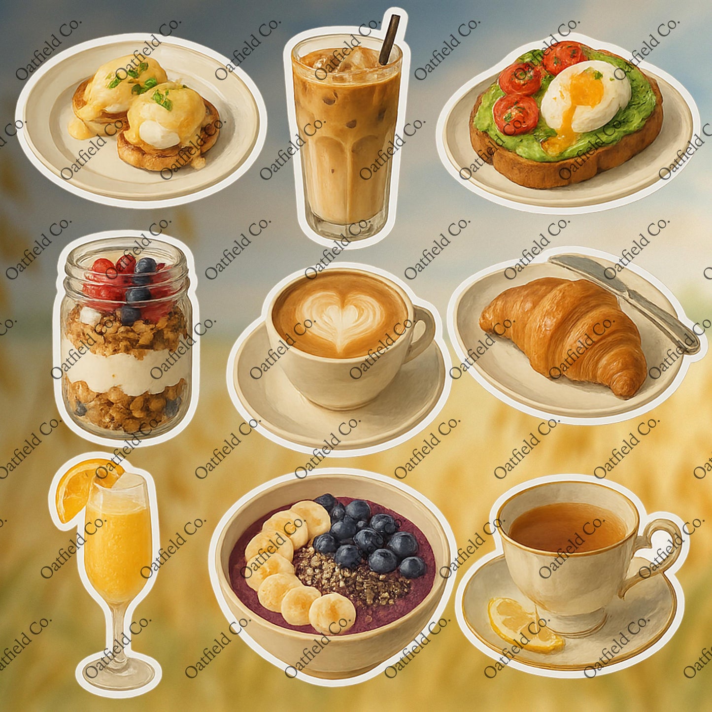 Brunch Food Sticker Pack – Aesthetic Breakfast Iced Coffee Aocado Toast Croissant Stickers for Laptop, Journal, Planner