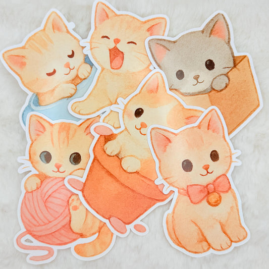 Cat Sticker Pack: Cozy Kittens, Teacups, Yarn - Waterproof - Glossy Stickers