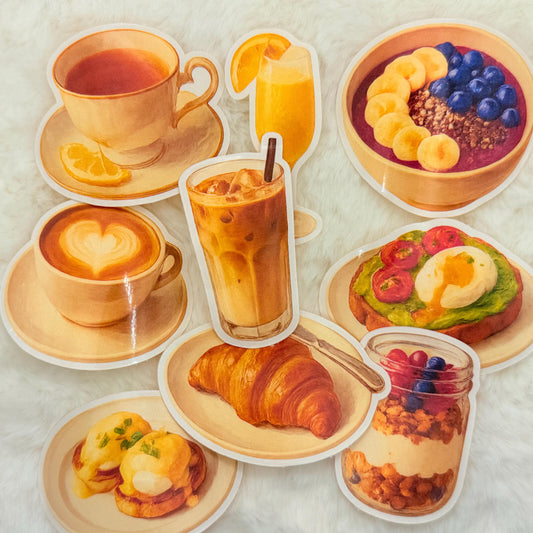 Brunch Food Sticker Pack – Aesthetic Breakfast Iced Coffee Aocado Toast Croissant Stickers for Laptop, Journal, Planner