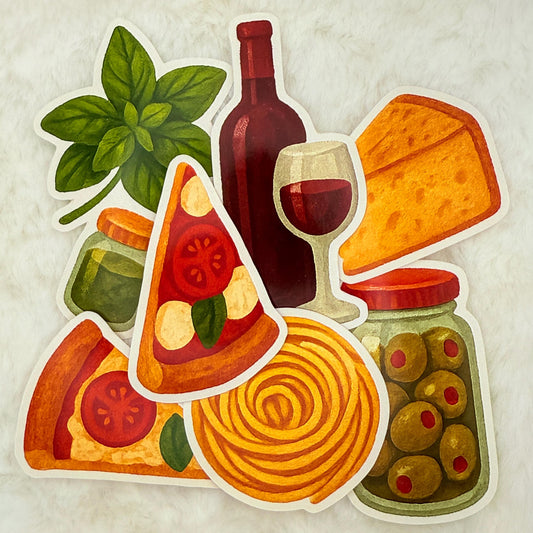 Italian Food Stickers: Pizza, Pasta, Wine - Journal & Scrapbook - Glossy Stickers