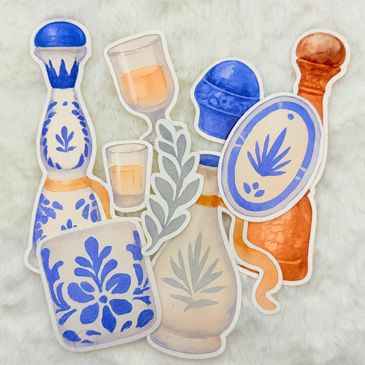 Tequila Sticker Pack: Glossy Watercolor Agave, Bottles & Shot Glasses