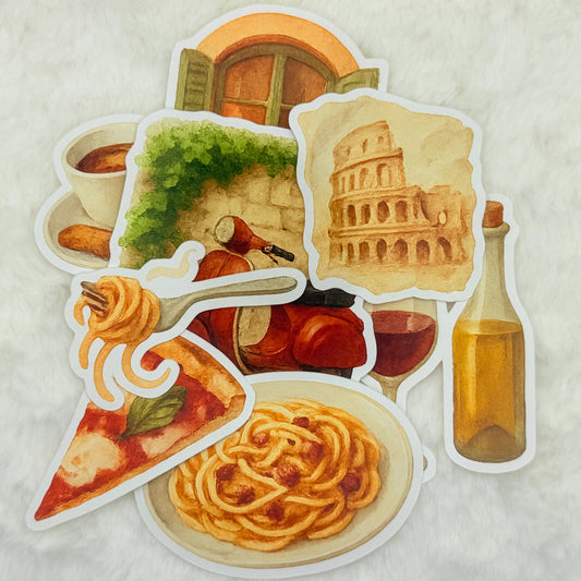 Rome Travel Sticker Pack: Italian Food, Vespa, Colosseum - Glossy Stickers