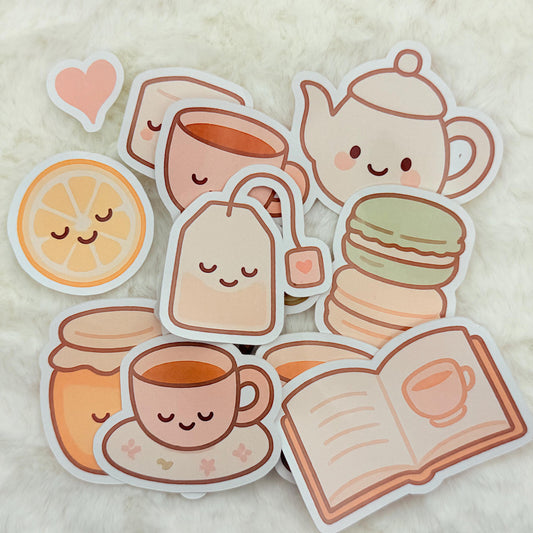 Kawaii Tea Time Sticker Pack: Pastel Macarons, Lemon & Cozy Book