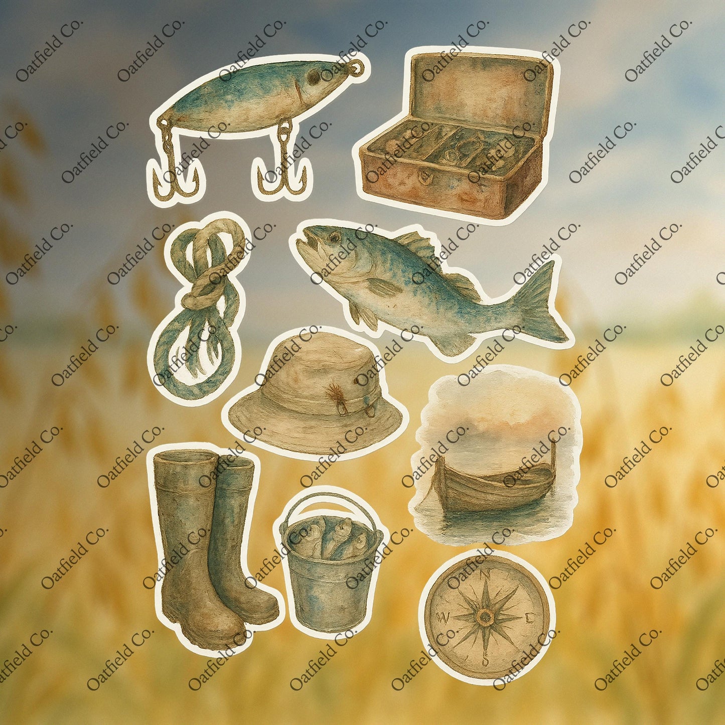 Fisherman Core Sticker Pack: Rustic Fishing Gear, Watercolor Style