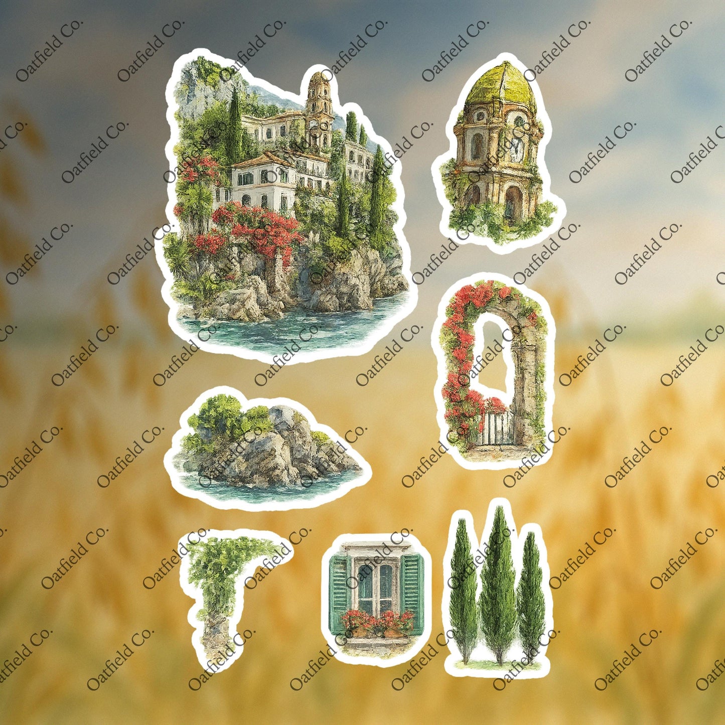 Watercolor Italian Villa Sticker Pack: Amalfi Coast Travel Journal - Glossy Stickers