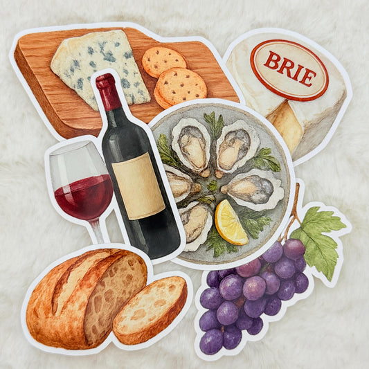 French Wine & Cheese Picnic Stickers: Gourmet Food, Charcuterie - Glossy Stickers