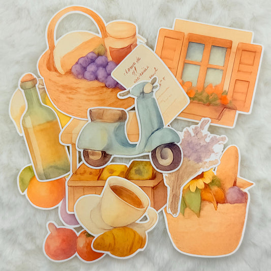 Watercolor European Market Stickers: Glossy Travel Journal Set