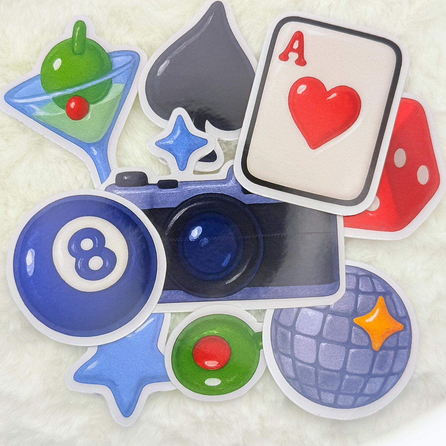 Retro Game Night Sticker Pack – Glossy Dice, Martini, Disco & Camera Vibes