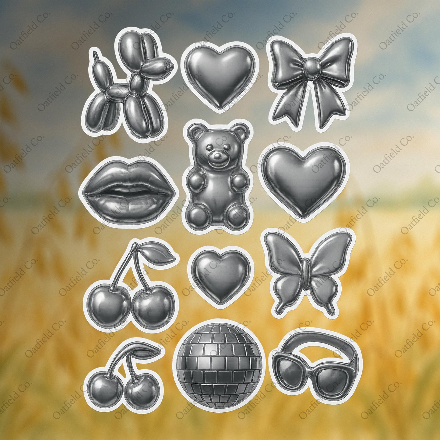 Chrome Aesthetic Sticker Pack – Glossy Metallic Balloon Dog, Heart, Cherry & Disco Vibes