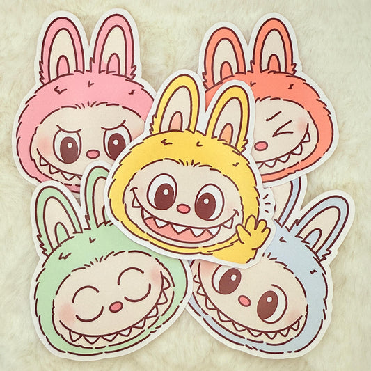 Kawaii Labubu Bunny Face Sticker Pack: Pastel Cartoon Expressions - Glossy Stickers