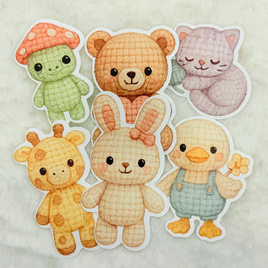 Amigurumi Animal Sticker Pack: Plush Style Bunny, Bear, Giraffe