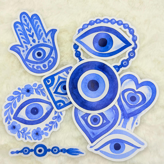 Blue Evil Eye Glossy Sticker Pack – Hamsa Hand, Amulet, Protection Symbols