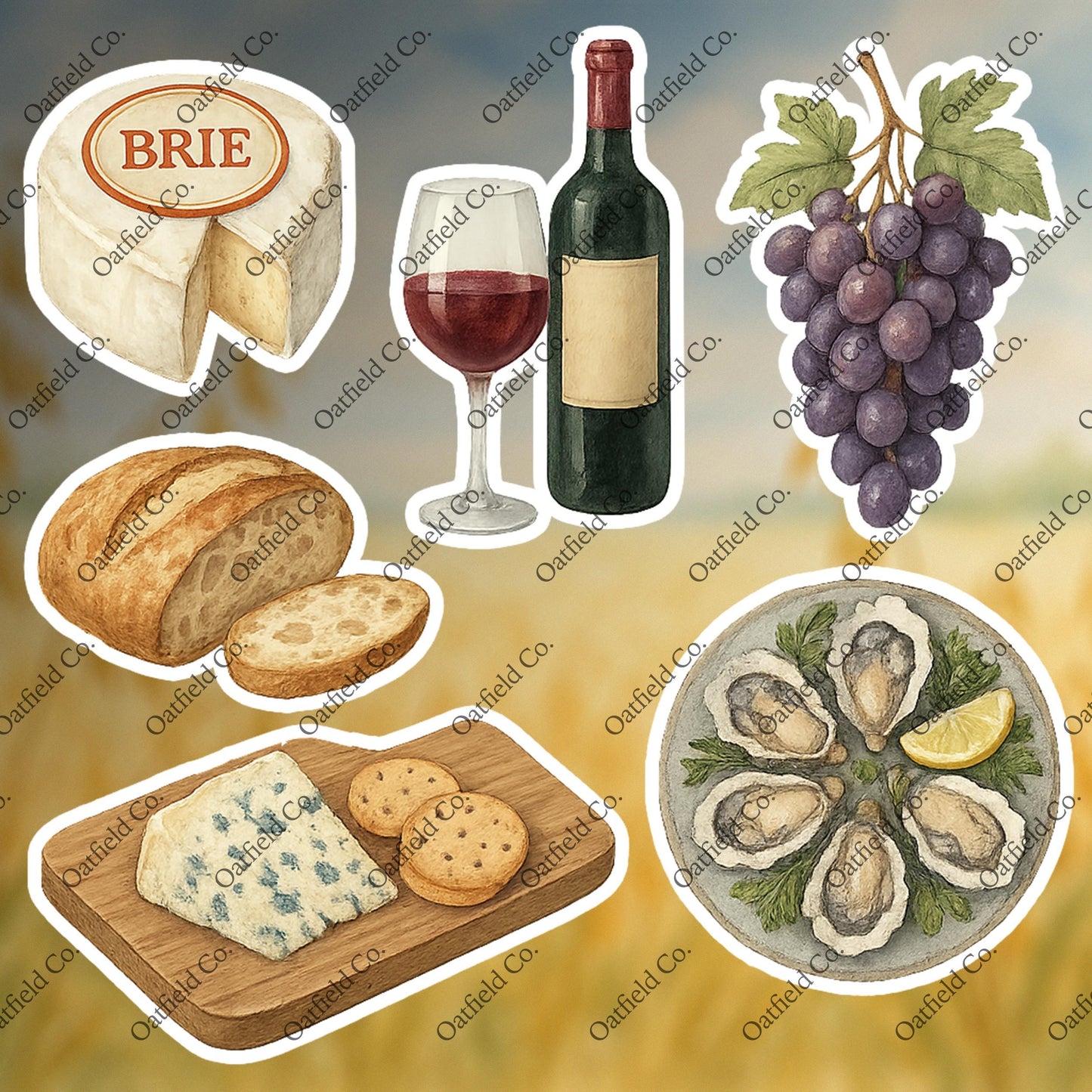 French Wine & Cheese Picnic Stickers: Gourmet Food, Charcuterie - Glossy Stickers