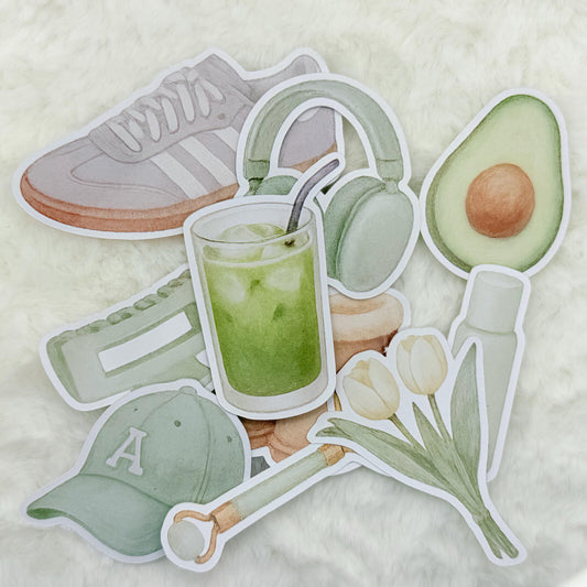 Matcha Aesthetic Glossy Sticker Pack – Avocado, Headphones, Uggs, Hat, Matcha, and More